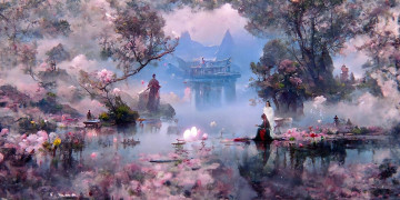 Картинка рисованное кино +мультфильмы вэй усянь лань ванцзи озеро цветение постройки