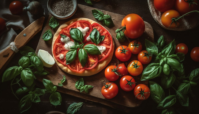 Обои картинки фото еда, пицца, базилик, помидоры, сыр