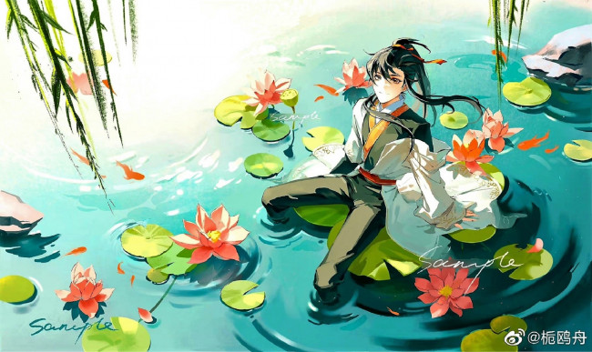 Обои картинки фото аниме, mo dao zu shi, вэй, усянь, озеро, лотосы