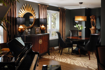 Картинка интерьер гостиная черный зеркало стулья стол рояль