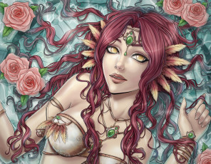 Картинка фэнтези девушки перья розы украшения цветы волосы девушка арт