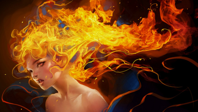 Обои картинки фото фэнтези, магия, арт, девушка, огонь, пламя, огненные, волосы, клыки, взгляд