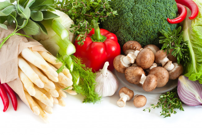 Обои картинки фото еда, овощи, спажа, перец, помидоры, брокколи, грибы