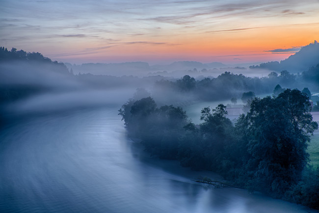 Обои картинки фото природа, реки, озера, германия, бавария, утро, рассвет, туман, река