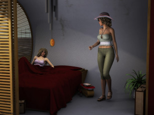 Картинка 3д+графика люди+ people девушки взгляд фон кровать шляпа