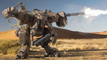 Картинка фэнтези роботы +киборги +механизмы робот шагатель пулеметы огонь стрельба пустыня пески