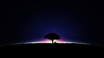 Картинка рисованное люди силуэты свет небо космос дерево пара ночь звезды