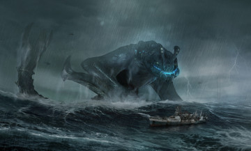 Картинка фэнтези существа гигант монстр гроза дождь шторм kaiju pacific rim буря море otachi волны корабль