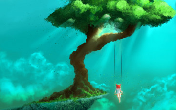 Картинка рисованное дети облака обрыв качели дерево девочка