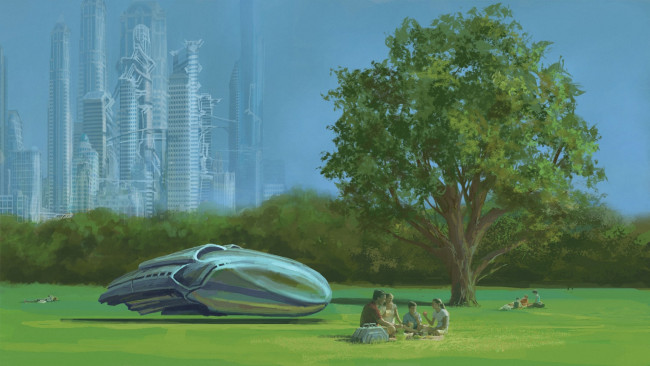 Обои картинки фото фэнтези, люди, арт, будущее, мегаполис, корабль, транспорт, семья, пикник, дерево