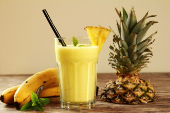 Картинка еда напитки +коктейль фрукт напиток мята бананы ананас смузи пробки стекло сок