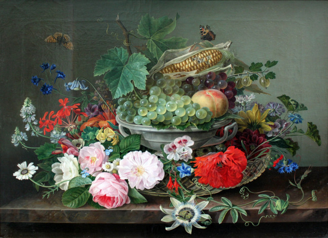 Обои картинки фото рисованное, живопись, натюрморт, цветы, бабочки, фрукты