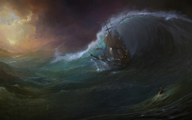 Обои картинки фото рисованное, живопись, тонущий, человек, тучи, парусник, шторм, водоем