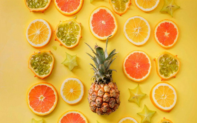 Обои картинки фото еда, фрукты,  ягоды, ананас, карамбола, апельсин