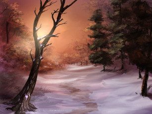 обоя рисованное, природа, деревья, снег