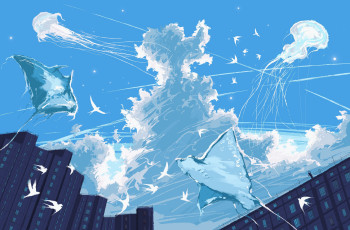 Картинка аниме животные +существа небо