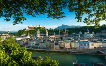 обоя города, зальцбург , австрия, панорама, река, замок
