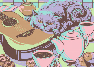Картинка рисованное животные +коты кот гитара стол чайник чашка печенье