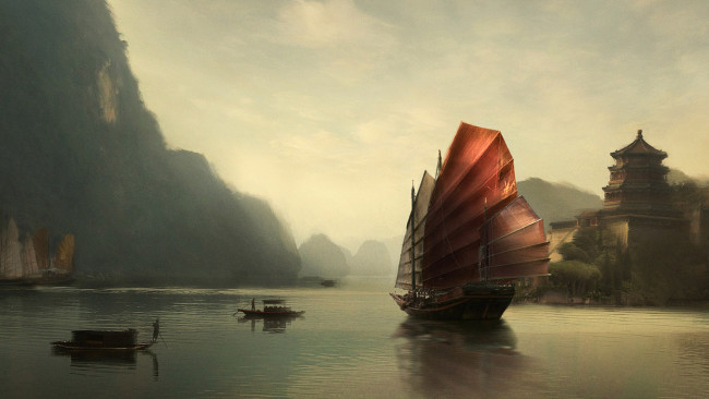 Обои картинки фото корабли, рисованные, лодки, горы, река, корабль, здание
