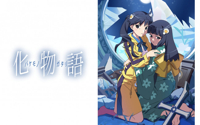 Обои картинки фото аниме, bakemonogatari, araragi karen, araragi tsukihi, девушки, форма, кимоно, заколка, крест, зеркало, осколки