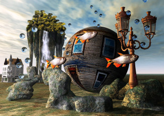 Картинка 3д графика fantasy фантазия дом рыба фонарь окна камни