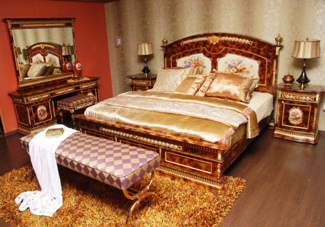 Обои картинки фото интерьер, спальня, лампа, кровать, подушка, зеркало, ковер