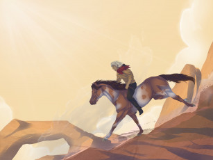 Картинка рисованные животные лошади лошадь горы всадник