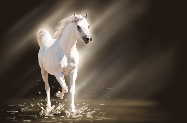 Обои картинки фото рисованные, животные, лошади, лучи, свет, вода, брызги, белая, лошадь