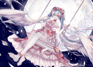 Картинка аниме vocaloid качели цветы платье ночь луна крылья арт ангел девушка hatsune miku