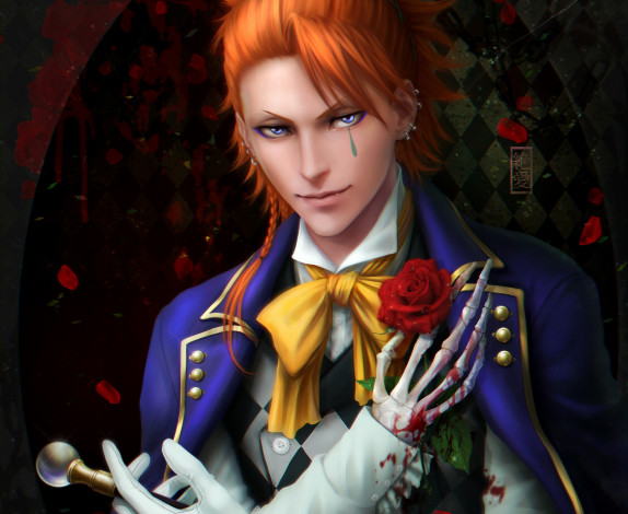 Обои картинки фото аниме, kuroshitsuji, лепестки, кровь, кости, рука, рыжий, роза, парень, joker, книга, цирка, тёмный, дворецкий, zetsuai89, арт