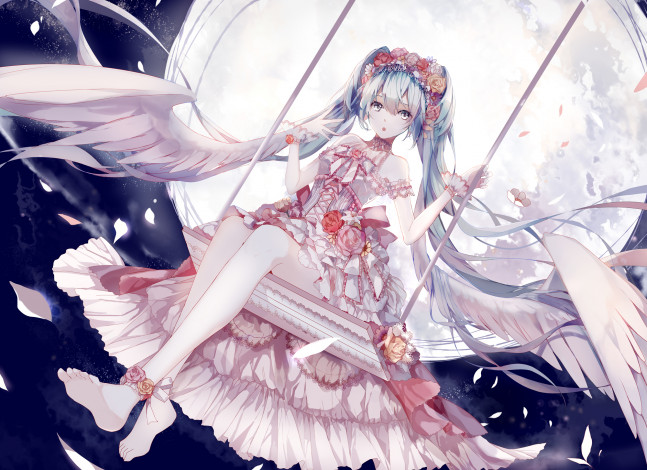 Обои картинки фото аниме, vocaloid, качели, цветы, платье, ночь, луна, крылья, арт, ангел, девушка, hatsune, miku