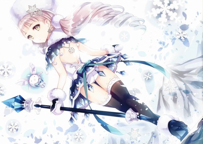 Обои картинки фото by shiwasu horio, аниме, -merry chrismas & winter, девушка, арт, украшения, взгляд, посох, снежинки