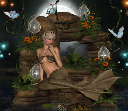 Картинка 3д+графика существа+ creatures взгляд фон девушка цветы бабочки фонарики черепаха