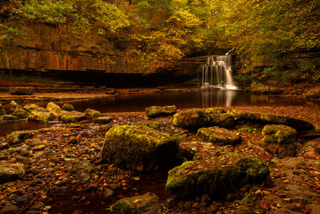 Обои картинки фото природа, водопады, камни, деревья, водопад, ручей, поток, скала, лес