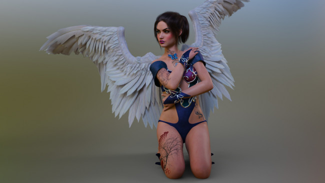 Обои картинки фото 3д графика, ангел , angel, девушка, фон, пирсинг, крылья, тату