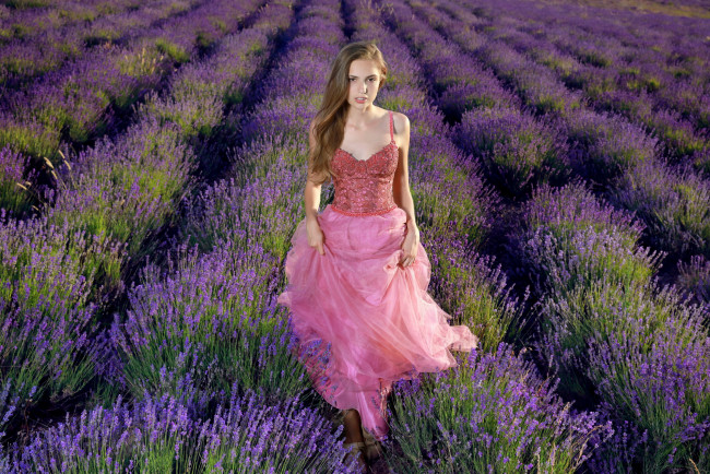 Обои картинки фото девушки, elle tan, поле, лаванда, красивое, платье