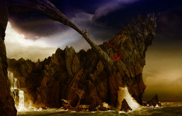 Картинка фэнтези иные миры времена море скалы скелет схватка дракон водопад