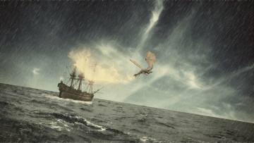 Картинка фэнтези драконы море корабль парусник фрегат
