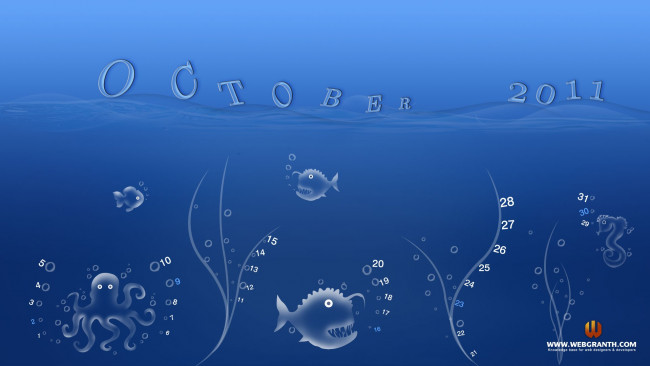 Обои картинки фото календари, рисованные, векторная, графика, синий, рыбы, октябрь