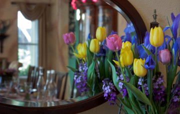 Картинка цветы букеты композиции ирисы зеркало тюльпаны матиола