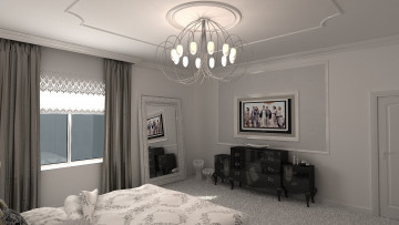 Картинка 3д графика realism реализм комната кровать картина люстра