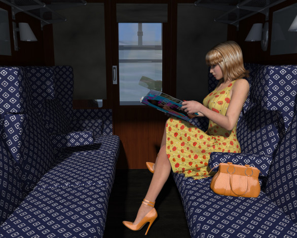 Обои картинки фото 3д графика, люди , people, девушка, взгляд, купе, поезд