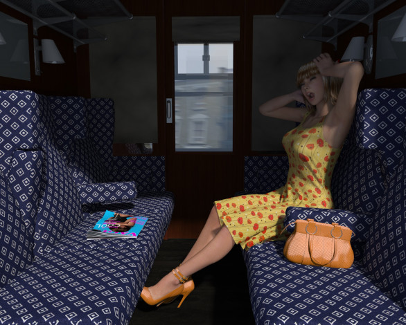 Обои картинки фото 3д графика, люди , people, поезд, купе, взгляд, девушка