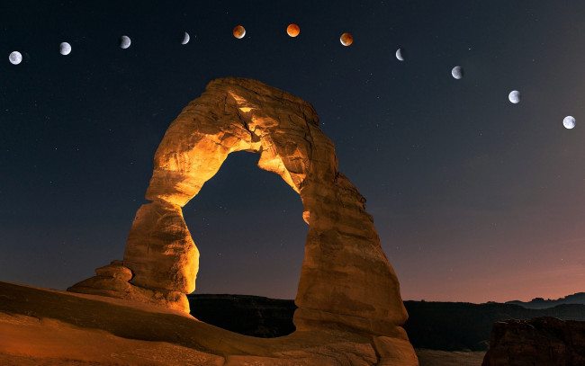 Обои картинки фото природа, горы, небо, свет, порода, арка, каньон, звезды, луна