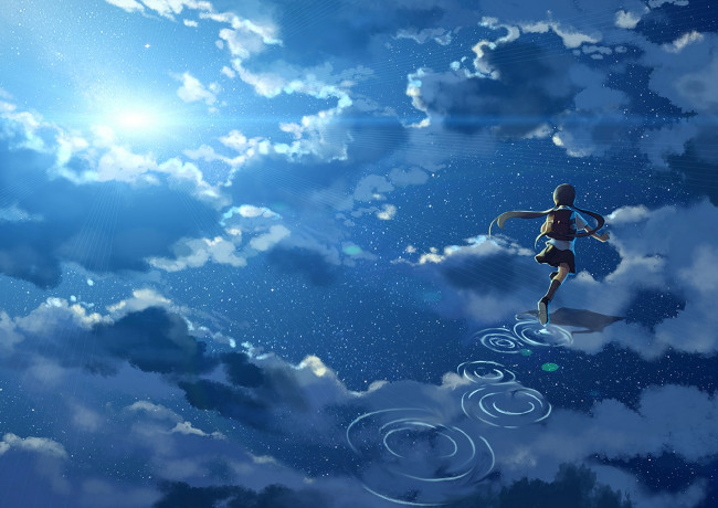 Обои картинки фото аниме, unknown,  другое, вода, отражение, школьница, форма, hanyijie, солнце, небо, облака, арт, девушка