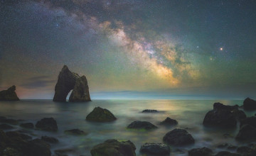 Картинка карадагский+заповедник +крым природа побережье море берег небо звезды млечный путь ночь скалы камни