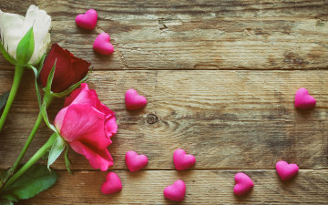 обоя праздничные, день святого валентина,  сердечки,  любовь, romantic, pink, wood, roses, сердечки, love, розы