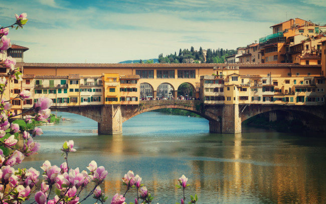 Обои картинки фото города, флоренция , италия, bridge, флоренция, cityscape, city, город, florence, panorama, europe, цветение, travel, italy, мост, весна, ponte, vecchio, view