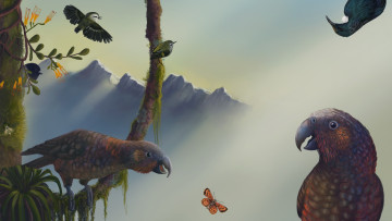 Картинка рисованные животные птицы горы бабочка дерево
