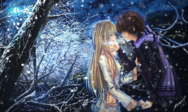 Обои картинки фото аниме, merry, chrismas, winter, девушка, парень, снег, эмоции, слезы, шарф, дерево, луна, ночь, арт, пара